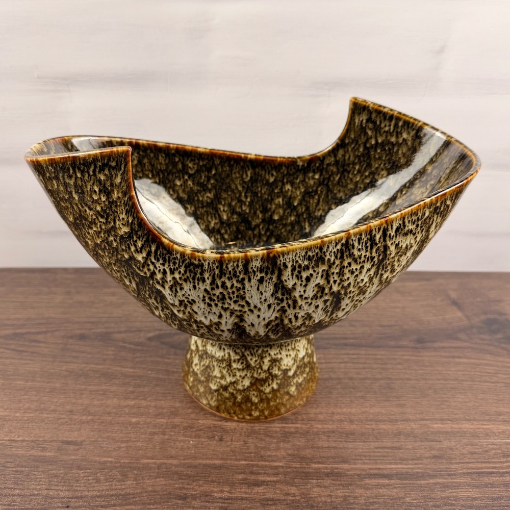 Vintage Mid Century Ikebana Pottery Pedestal Bowl Textured Glaze 10"